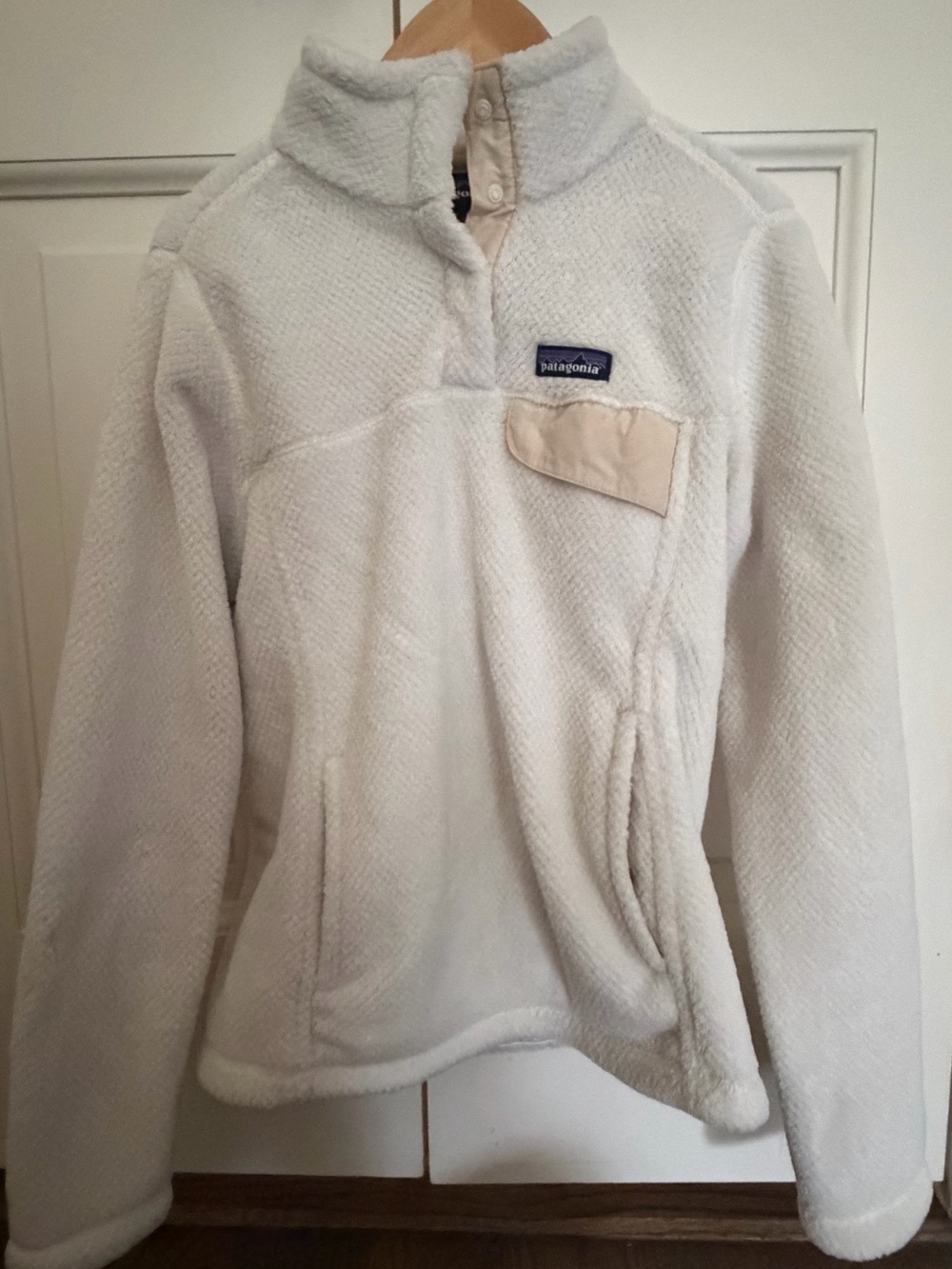 Patagonia Kids White Fleece Pullover with Tan Pocket Accent